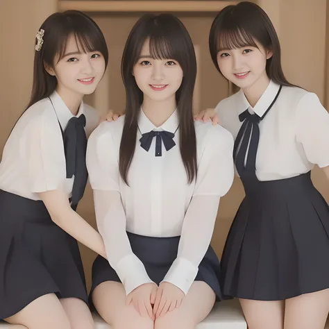 (masterpiece, best quality:1.2), High resolution, 1080P, 8K, 1girl, solo, (((Too beautiful three zinomy rich girls)) are seated on the viewer's leg and caressing the viewer together. Beautiful face. All the girls are noble, neat, intelligent and beautiful ...