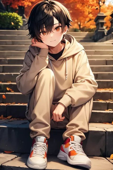 Masterpiece, high quality, anime-style illustration, a young boy sitting on outdoor stone stairs in autumn, wearing a white hoodie and beige pants, black sneakers, casual pose with one hand resting on his face, gentle smile, short black messy hair, soft su...