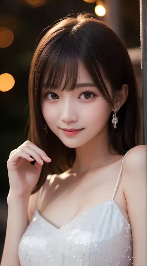 masterpiece, top quality, 8k, , , RAW photo,  absurd,  Award-Winning Portraits , smile, Alone, ( night :1.8), idol bending over,  Delicate Girl, upper body, DSLR, viewers,  , refined,Thin arms, professional lighting, FILM GRAIN,  Color Difference, (detaile...