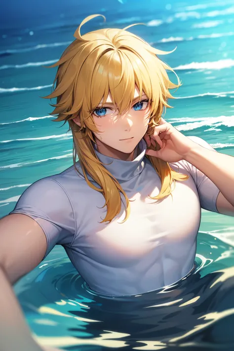 Handsome, yellow-haired, blue-eyed anime man wearing a white turtleneck under the ocean