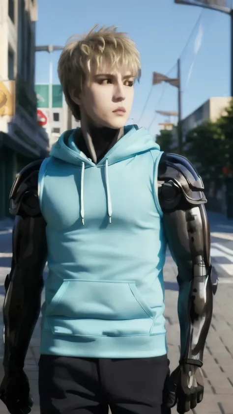 (masterpiece, best quality:1.4), colorful, high contrast, genos hoodie, sleeveless, black pants, mechanical arms, city, grocery bag, day, sunlight