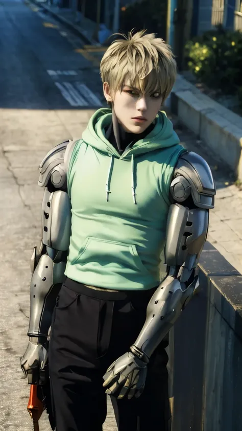 (masterpiece, best quality:1.4), colorful, high contrast, genos hoodie, sleeveless, black pants, mechanical arms, city, day, sunlight