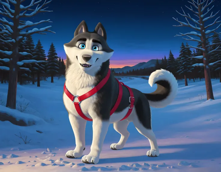 Duke (Arctic Dogs), solo, feral, feral dog, black fur, white fur, standing, looking at viewer, high quality, winter background, (pecs), husky, muscular, dog harness, night, sunset