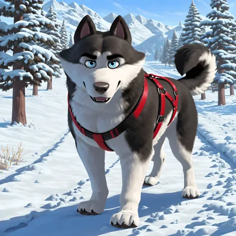 Duke (Arctic Dogs), solo, feral, feral dog, black fur, white fur, standing, looking at viewer, high quality, winter background, snow, (pecs), husky, muscular, dog harness, blue eyes,