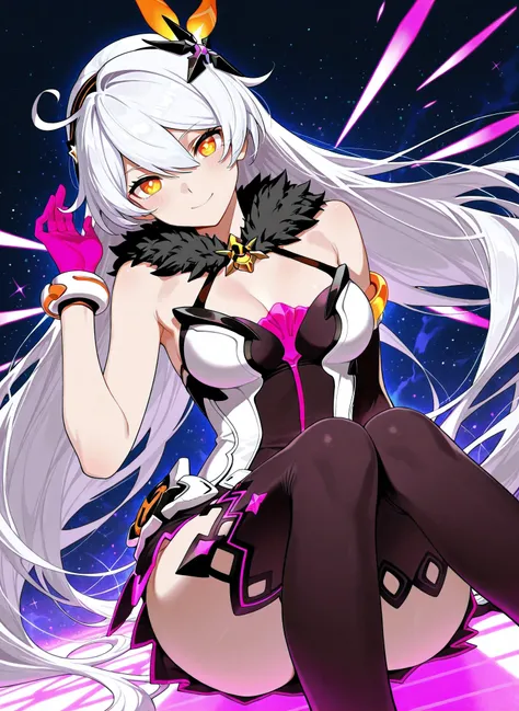 score_9, score_8_up, score_7_up, source_anime,masterpiece,best quality,amazing quality, (kiana_kaslana:Herrscher of the Void), white hair, long hair, gold eyes, ahoge, hair ornament,hair bow, mini skirt, thighs, strapless shirt, black asymmetrical gloves,b...