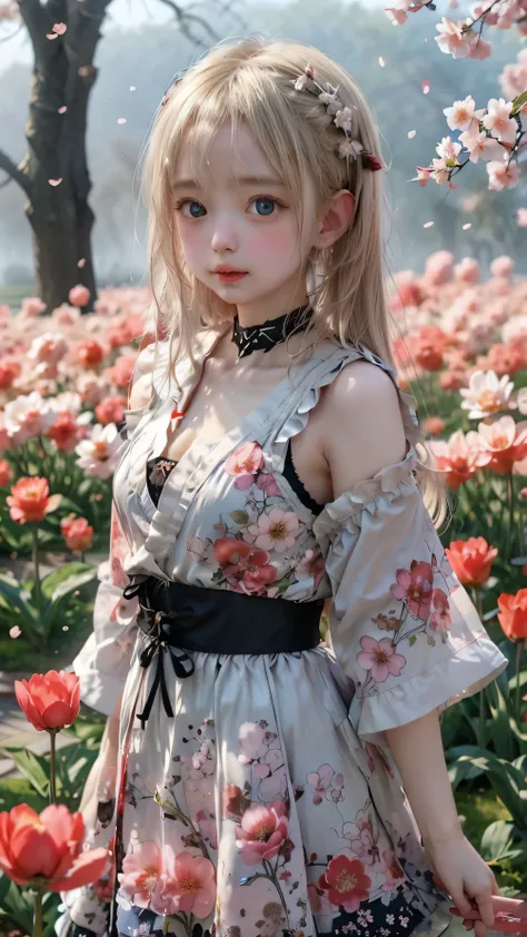 A small, young, beautiful girl、round face、big eyes、sagitales、 Dark Blue Eyes 、Platinum Blonde Straight Short Bob、Spring scenery、 gothic kimono 、layered with many panniers、skirt that spreads softly、Super Long、Legs with split hems are attractive、chest(D Cup)...