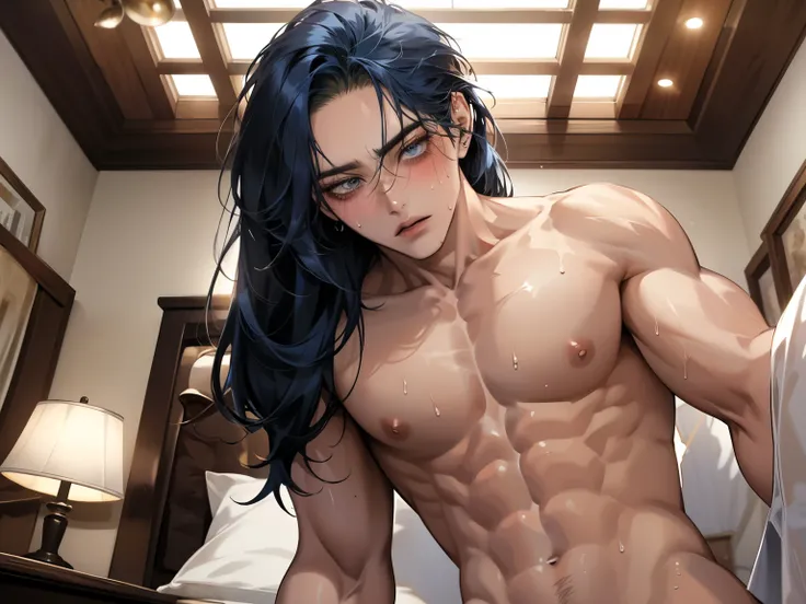 (male), ((solo)), white_skin ,(muscular), tall, ((navy blue hair)), ((long_hair)), (mature), tsurime, (orenge eyes), (expressionless), ((parting_bangs)), illustration, ((adult)), (good quality), (absurdres), (highres), (ultra detailed),(Masterpiece), (best...