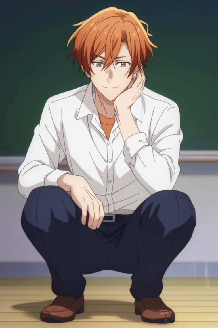 man, un  man, short hair, orange hair brown eyes , navy blue school pants, white school dRess shiRt,    Arrogant smile,  squatting posture, En cuclillas, in a classroom, Sitting on the classroom floor, Anime by Sasaki Shummei, squatting posture  