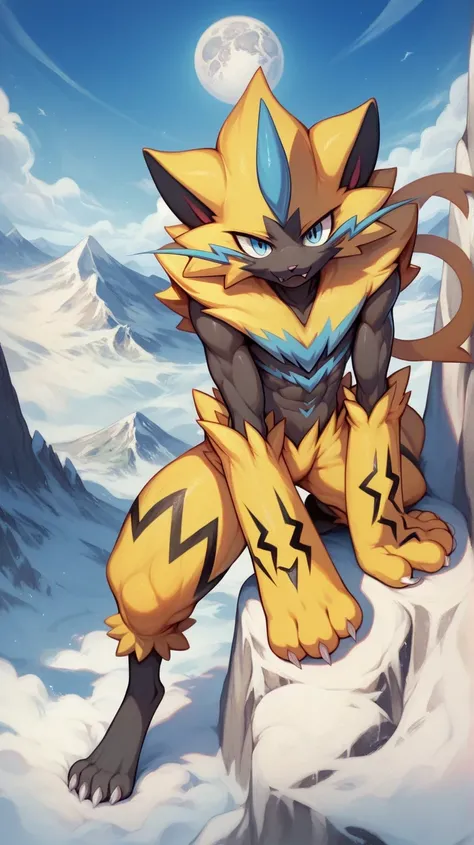  ceroora , Pokémon, full body surrounded by, The character must be facing forward., Mountainous landscape with the moon on top of a mountain,  original pokemon design, until, Alone, ZERAORA MACHO, viewer's eye view, sexy position, Open legs