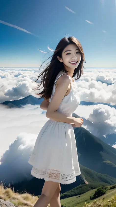 Fiction、 Above the Clouds with hair fluttering in the wind、cute like an idol、、Happy Smile、Light in the Eyes 、Delicate skin、long hair、 dark hair、white dress、Skirt、sleeveless with back、Japanese woman happily walking in a skirt、null、 Above the Clouds、best ima...