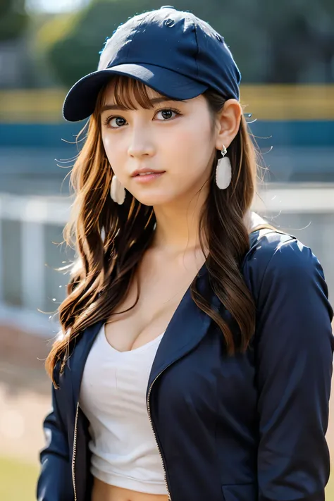  smile、Baseball cap、baseball uniform jacket、 Dodgers、hot pants、 wristband 、 ( 1 female ) 、Like々fresh skin　Shiny Melting Wet Skin Shiny Oiled Skin  , High image quality  , Baseball Stadium,
 1girl , brown hair, medium hair, brown eyes, full body, simple bac...