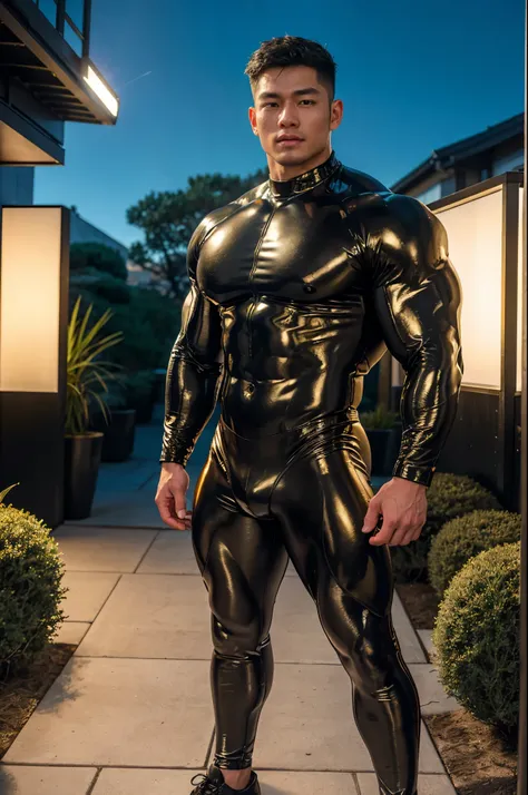 ultra high res, best quality, photo, 4k, (photorealistic:1.4), cinematic lighting, a muscular korean handsome man, young handsome stud, oppa, abdominal muscle, wearing black gold tight rubber suit from head to toe,gold black tight rubber leggings,cyberpunk...