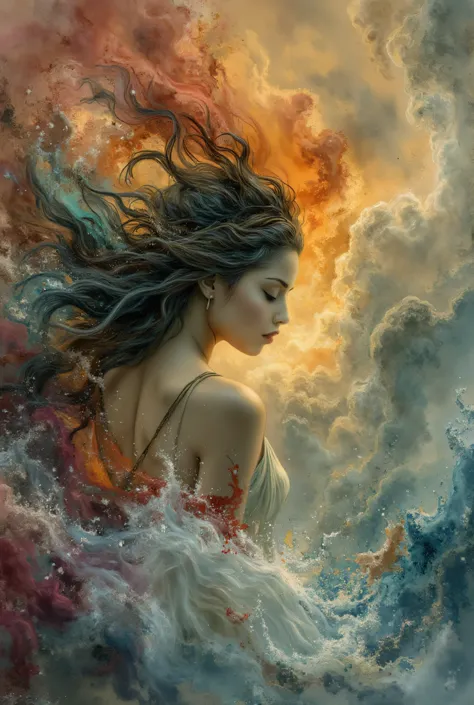 Drifting in the currents of time, where the wind whispers forgotten stories and emotions swirl like brushstrokes on a canvas. Her hair and hervrevealing dress flow like waves, dissolving into the vibrant storm of colors that mirror the depths of her soul. ...