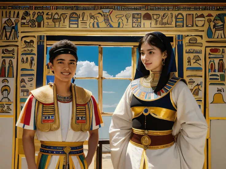 366 (20 year old woman and 20 year old man),(short hair), (high quality photos), (gentle smile), (Colourful ancient Egyptian warriors、 abs), (Rembrandt painting),(Hieroglyphs、Ancient Egyptian)