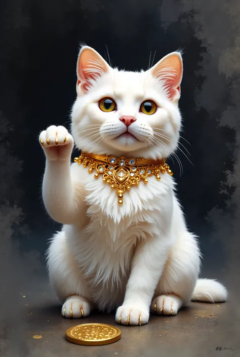 Realistic watercolor painting of a white cat in a classic Maneki-neko gesture, soft fur depicted with subtle shading. Dark charcoal background with soft watercolor gradients. Elegant gold accents on a finely detailed ornate collar, gold-trimmed eyes and ea...