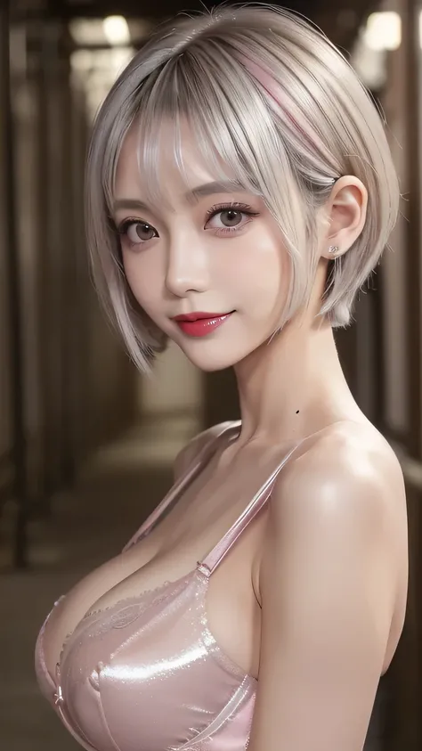  very detailed,  masterpiece ,  top quality , (( Photorealistic:1.4)), ((skinny body:1.4、 long face:1.3))、(((silver and pink shiny bra)))、(Super slim body:1.4)、 18 Year Old Japanese Woman , detailed face ,   Detailed Eyes  、((makeup、lipstick)) 、((My breast...