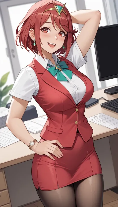score_9, score_8_up, score_7_up, source_Anime Top Quality、8k、 masterpiece、ultra high definition、 natural light、perfect anatomy、 perfect eyes、beautiful eyes、 Highlights、One Woman、medium breasts、saggy breasts、Pyra 、(is embarrassing:1.3、 happy)、Office Lady、O...