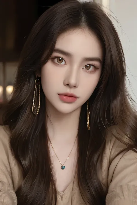 ((Masterpiece, high quality, super detailed, 4k, RAW Photo)), 1 girl, wavy hair, ((brown ombre hair)), Perfect face, thin face, ((lying silkworm eyes)), shinny skin, long sleeve t-shirt, in the mini bar, look at the camera, slim body, perfect eyes, big nos...