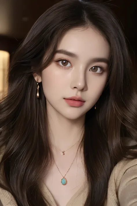 ((Masterpiece, high quality, super detailed, 4k, RAW Photo)), 1 girl, wavy hair, ((brown ombre hair)), Perfect face, thin face, ((lying silkworm eyes)), shinny skin, long sleeve t-shirt, in the mini bar, look at the camera, slim body, perfect eyes, big nos...