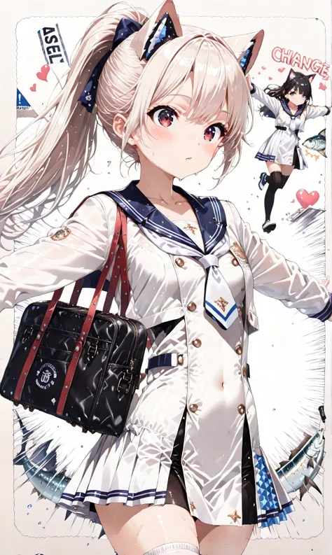 (watercolor:0.4), ( pastel :0.6), 1 girl, alone, blue eyes, school uniform, Ponytail for Beauty, long hair, viewers, sailor suit, upper body, sailor collar, heart, black hair, cardigan, tie, bungs, black, white tie, Closed Mouth, side lock, grey backgroun...