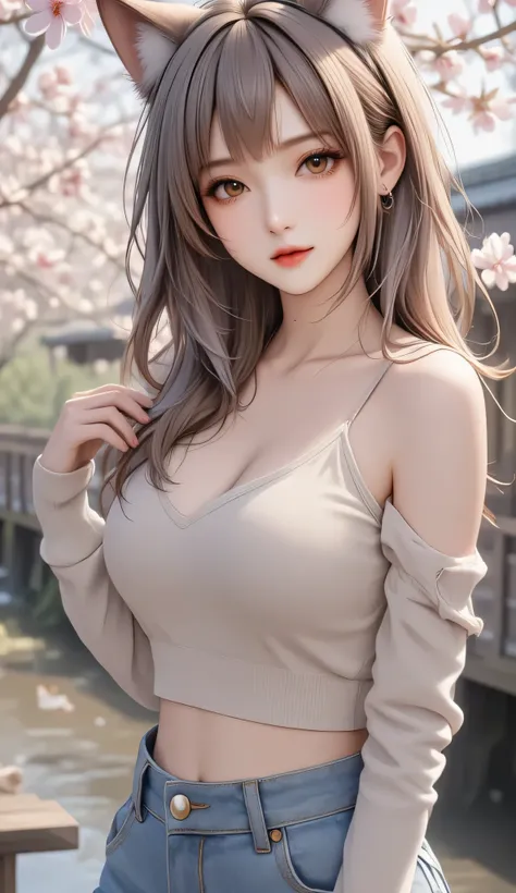 modern Asian beauty,25 years old,Delicate almond eyes+ hydrating lip makeup ,Long silver hair waist-length + fox ears,low-cut slim fit short knit top(light champagne color)+high-waisted denim skirt(Wash blue),Full breasts+ Slim Waistline +Long legs,standin...