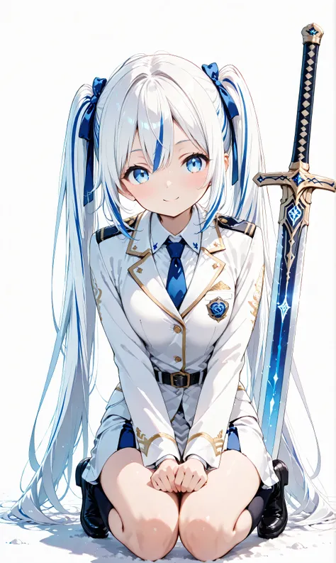 (watercolor:0.4)、( pastel :0.6)、 One deceased girl 、long jet black twin tails、ties faint white highlights with a ribbon、a knight in a military uniform with white roses scattered around、blue eyes。an expression where you can sit on the ground and place a...