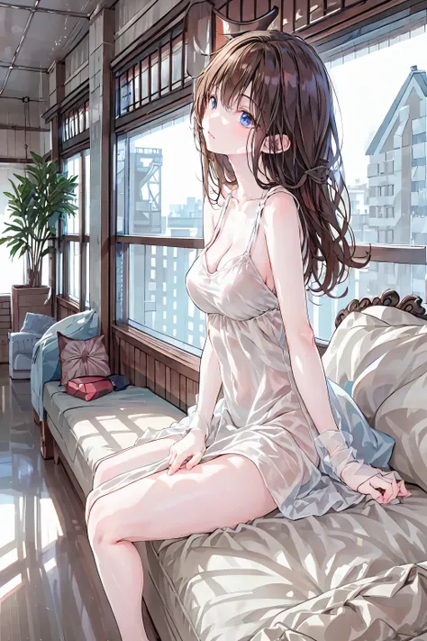 -Lily ,  multi girls,  2 girls, Lily,   dress, Sofa, long hair, {{kiss, plant, when I went black ,   window that follows the leg , indoor,  sitting, Blurred foreground, on Sofa, white   dress, Blurred,   bare shoulders  , moon, potted plant,   border is wr...