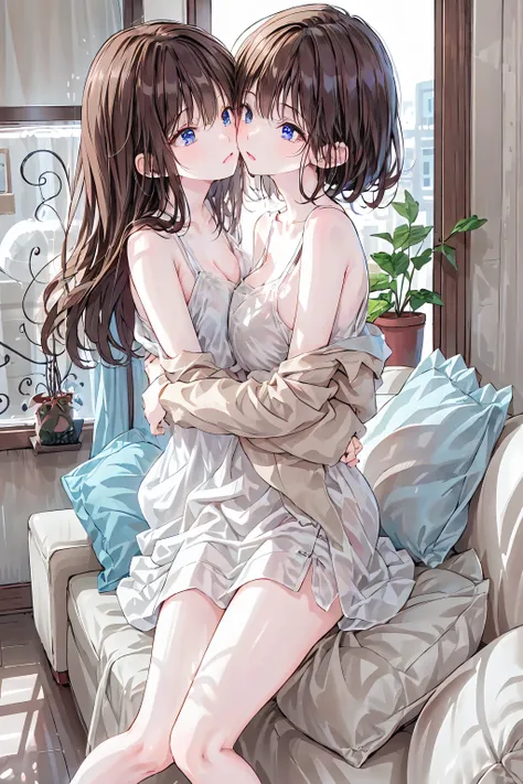 -Lily ,  multi girls,  2 girls, Lily,   dress, Sofa, long hair, {{kiss, plant, when I went black ,   window that follows the leg , indoor,  sitting, Blurred foreground, on Sofa, white   dress, Blurred,   bare shoulders  , moon, potted plant,   border is wr...