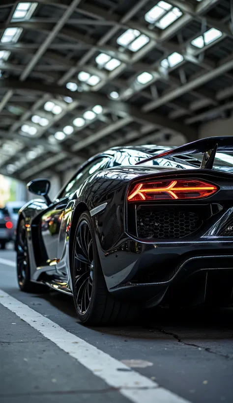 "Luxury Sports Car, Aerodynamic Design, Carbon Fiber, Metallic black, Slender Headlights, Bright Alloy Wheels, High-Quality Tires, Elevated Spoiler, Twin Exhausts. Highway. Elegant Rear Lighting, Hyper-realistic, Professional Photography, High Resolution, ...