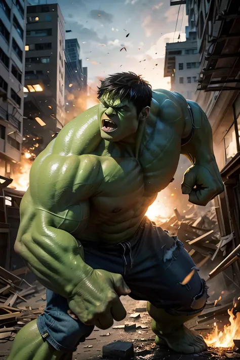 A huge Hulk destroys buildings and the city