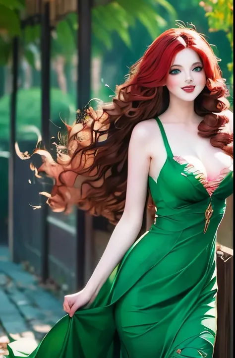 a woman with red hair and butterfly hair in a green dress, fantasy art style, fantasy style art, beautiful maiden, beautiful fantasy art, beautiful fantasy maiden, beautiful digital artwork, beautiful character painting, epic fantasy art style, beautiful d...