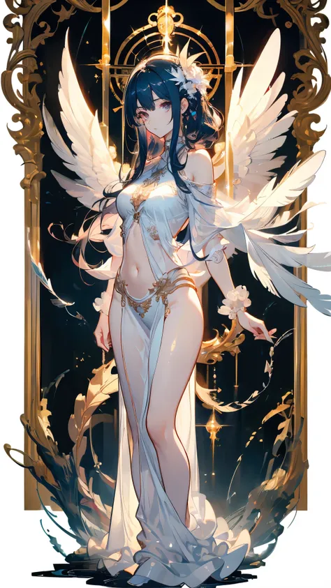 (( masterpiece，Best Quality))，full body，Heaven，Angel，Wings of Steel， ink style，feather，Delicate Facial，full body，perfect body proportions，sparkling eyes，sexy，Tattoo，Extremely beautiful，transparent