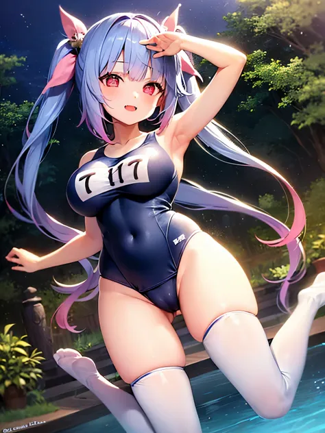 masterpiece, BREAK i_19_kantaicollection, long_hair, blue_hair, ribbon, hair_ribbon, red_eyes, twintails, breasts, large_breasts, symbol-shaped_pupils, one-piece_swimsuit, open_mouth, smile, blush, star-shaped_pupils, star_\(symbol\), tri_tails, fang, Bare...