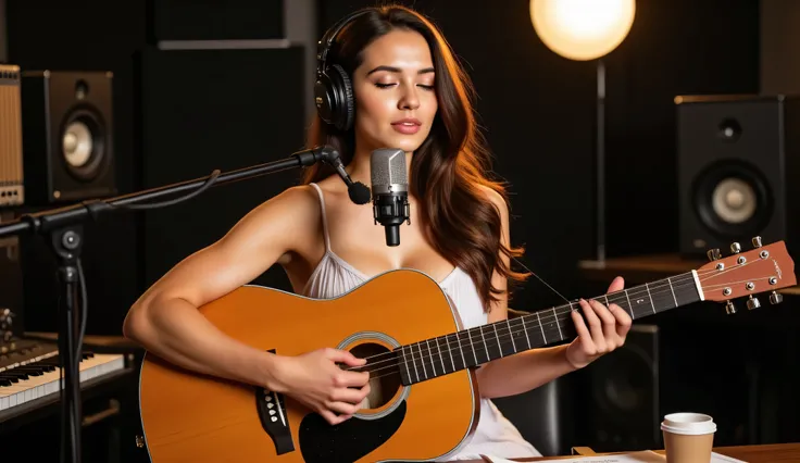 A young woman with long, wavy brown hair and fair skin, She wears a delicate spaghetti strap white dress, sitting in a professional recording studio, playing an acoustic guitar and singing with deep emotion. She wears high-quality studio headphones, her fi...