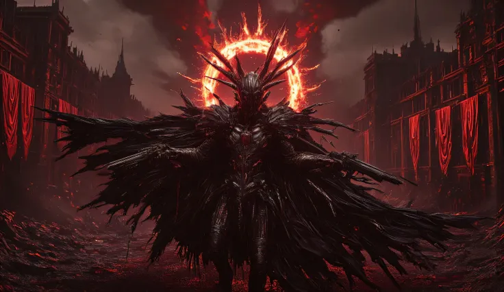 Creepy cybernetic witch hunter. A creepy Gothic helmet with a burning bloody halo. He is clad in Gothic black armor with bloody elements. A long black ragged cloak flutters in the wind. . In his two hands are two creepy Gothic pistols. He walks slowly, cre...