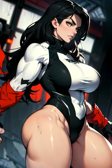 warm colors black hair yellow eyes pale skin girl huge muscles large breasts sad sharp focus