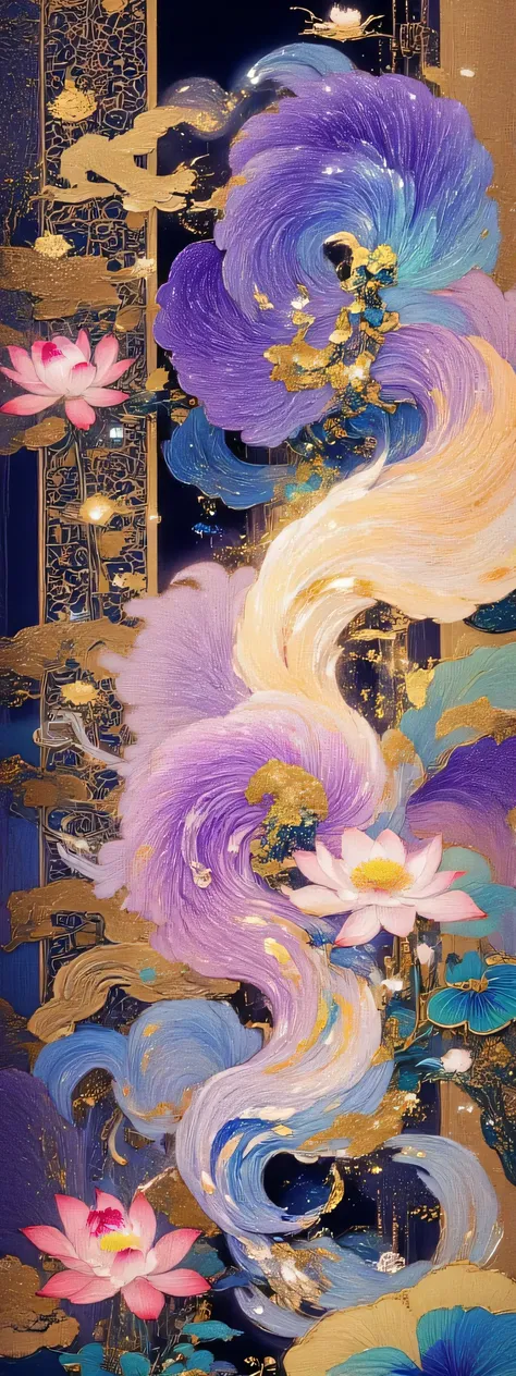 Detailed brushwork and heavy color style,Nine-colored Deer Cloud,background flying music and lotus algae well pattern,azurite、cinnabar、Ochre mineral color,pixelated geometric pattern on the edge,ink line hook gold,70x180cm long silk scarf,digital printing ...