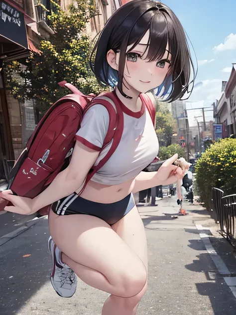 storehouse、bob cut、 gym clothes、backpack in the city、Put your hand on the jump box