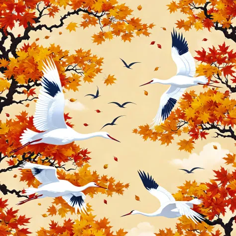 A vibrant autumnal Japanese design featuring elegant white cranes flying through a sky of golden maple leaves against a soft ivory background.