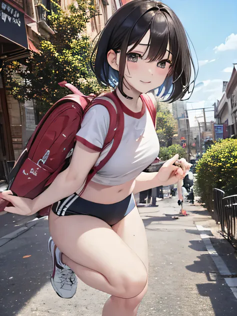 storehouse、bob cut、 gym clothes、backpack in the city、Put your hand on the jump box