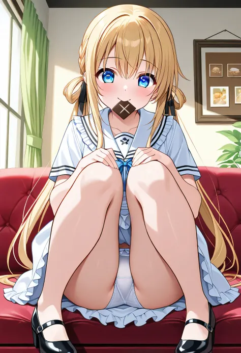 (white panties visible)、wearing a Japanese sailor uniform。On a sofa in a cafe、and they look happily at us while raising their legs {x}。What I chose for the first date was、white lace dress with frills。Soft skirt is fluffy、pumps with ribbons are adorable。Her...