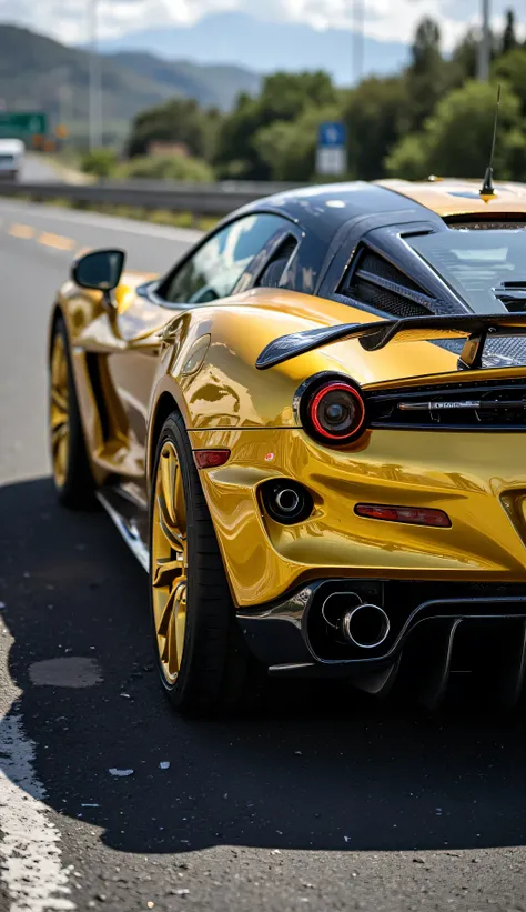 "Luxury Sports Car, Aerodynamic Design, Carbon Fiber, Metallic Golden, Slender Headlights, Bright Alloy Wheels, High-Quality Tires, Elevated Spoiler, Twin Exhausts. Highway. Elegant Rear Lighting, Hyper-realistic, Professional Photography, High Resolution,...