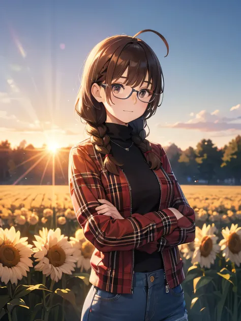 a girl, brown hair, braid hair, ahoge, plaid dark red shirt jacket, turtleneck gray T-shirt, denim pants, silver glasses, beautiful chest, faint smile, morning sun, farm, looking at the camera, upper body, blurry background, lensflare, lensghost, high key,