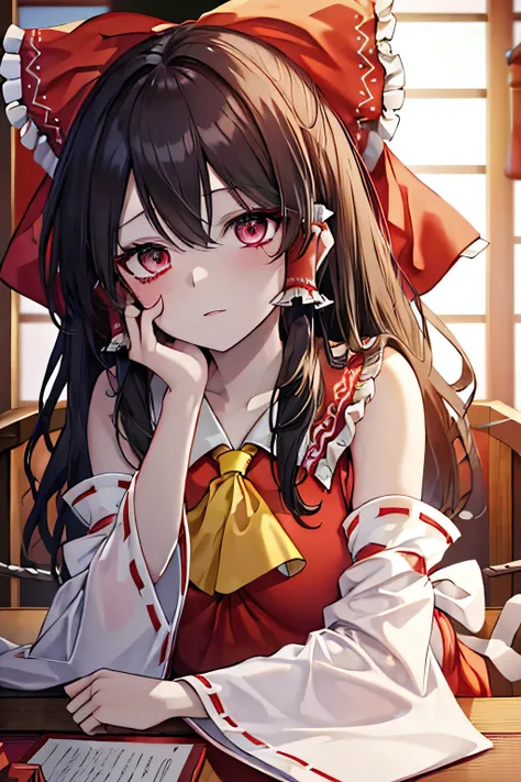 ((Borei Reimu:1.3)), ((top quality)), ((very well detailed)), table top, absurd, (detail eyes, Deep Eyes), (one girl), yandere trance, yandere, place your hand on your face, ((cover your cheeks with your hands:1.2)), Shadow Face, ((No light eyes )), (uppe...