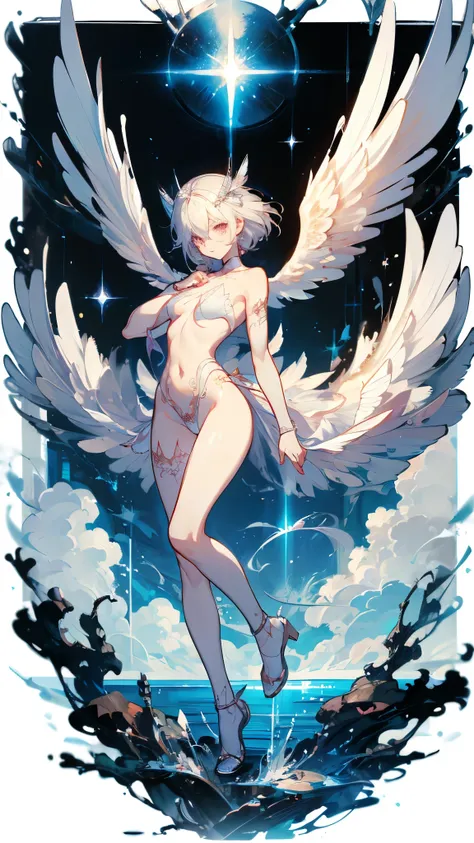 (( masterpiece，Best Quality))，full body，Heaven，Angel，Wings of Steel， ink style，feather，Delicate Facial，full body，Perfect Body Ratio，Sparkling Eyes，sexy，Tattoo，Extremely beautiful，transparent,sexy,nude