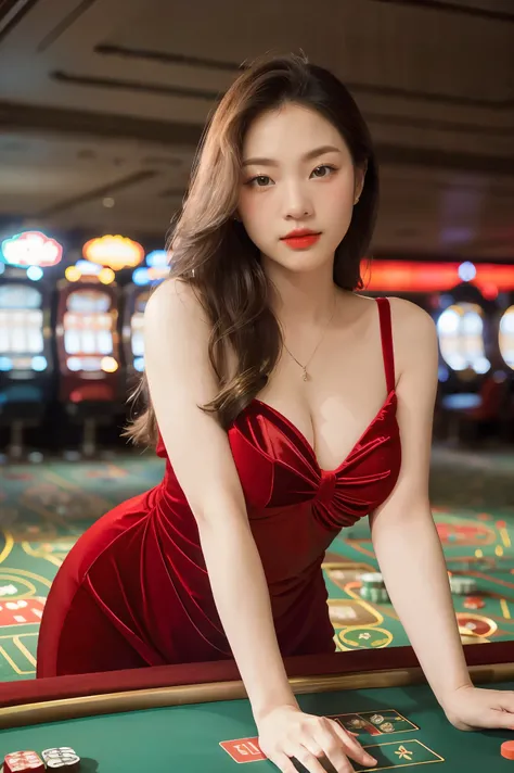 Classic Hollywood glamour.., A in a beautiful red evening gown, Amazing accessories, (Attractive eyes, red lips, beautiful, ผิวbeautifulไร้ที่ติ), luxurious backdrop, velvet curtains, amazing gesture, Interesting composition, spotlight illumination, rich s...