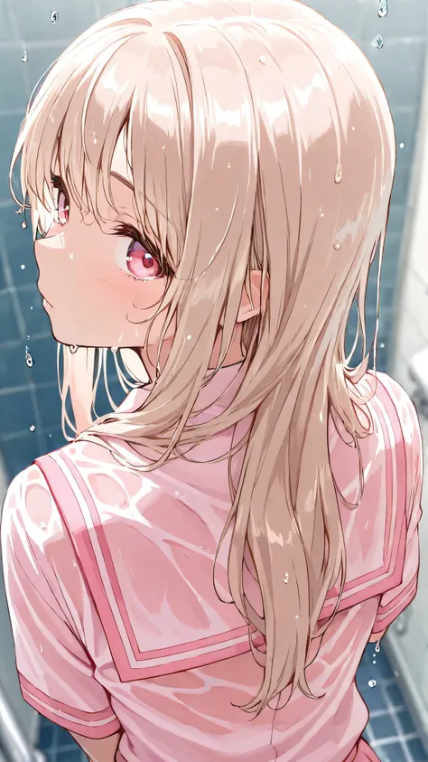 woman, looking at viewer, long hair,  beige hair，pink white school uniform, blurry background, light color, upper body, high angle shot，Water Drop，Wet person，Entering the bathroom
