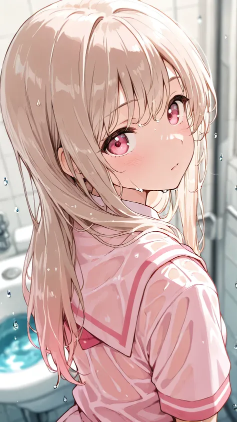 woman, looking at viewer, long hair, beige hair,pink white school uniform, blurry background, light color, upper body, high angle shot,Water Drop,Wet person,Entering the bathroom