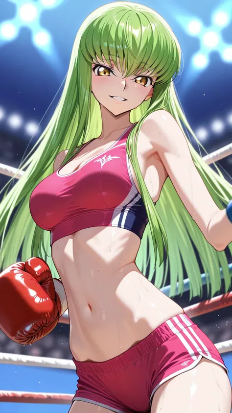 1girl, C.C., Code Geass, (gold eyes), Detailed eyes, sports bra, sports very short spats, boxing gloves, thigh, cleavage, slim long legs, medium breast, Perfect body, grinning, looking at viewer, Detailed eyes, Detailed face, (upper body, from below), (tau...