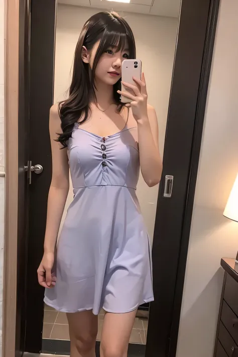 cami dress , beauty salon room , slender , realistic skin  , shy , late night, selfie 